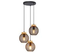 Suspension LED Plafonnier suspendu Vintage noir métal industriel, 3 flammes, bois brun, 3x 7W 806lm blanc chaud, DxH 44x120cm