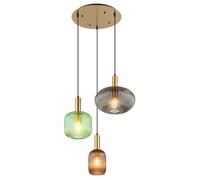 Suspension LED Retro laiton Lampe à suspendre de table à manger en verre Suspension en verre 3 feux, fumé vert café, aluminium métal, 3x 7W 3x 806lm blanc chaud, DxH 55x130 cm