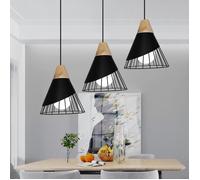 Suspension Luminaire Conception Salon COUNT, 3pcs Vintage Lustre Plafonnier Métal Noir et Bois pour Salle à Manger Cuisine Loft