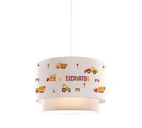 lux.pro Suspension Luminaire Charmante pour Enfant Plafonnier Lustre Lampe à Suspendre Accueillante Abat-jour Double Chambre d'Enfant E27 Plastique Tissu Hauteur 70cm Motif Engins de Chantier Blanc