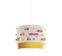 lux.pro Suspension Luminaire Charmante pour Enfant Plafonnier Lustre Lampe à Suspendre Accueillante Abat-jour Double Chambre d'Enfant E27 Plastique Tissu Hauteur 70cm Motif Engins de Chantier Blanc Or