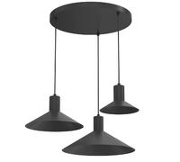 Suspension minimaliste noire 3 spots GU10 abat-jours coniques aplatis, style industriel