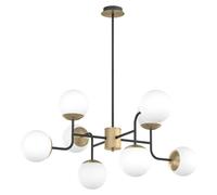 Suspension moderne, structure en métal noir et laiton, abat-jour en verre blanc, 8 ampoules E27