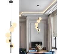 Suspension moderne verticale à 3 lumières en verre opalin | Lustre style ferme Mid-Century noir, fil réglable, douille LED gradable, lampe suspendue pour îlot de cuisine, salle à manger