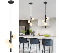 Suspension moderne verticale à 3 lumières en verre opalin | Lustre style ferme Mid-Century noir, fil réglable, douille LED gradable, lampe suspendue pour îlot de cuisine, salle à manger