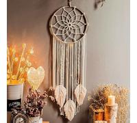 Suspension murale en macramé, attrape-rêves, en coton beige avec des perles en bois et une plume, décoration murale bohème pour chambre et salon