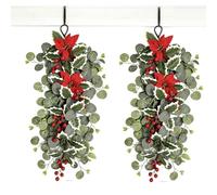 Suspension Noël 2 Pièces Poinsettias Baies Rouges Feuillage Artificiel | Composition Florale Suspendue Pour Porte Entrée Patio Mur Et Espaces Intérieurs En Période De Noël Mit Feuillage