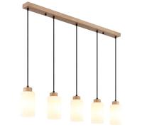Suspension, plafonnier, bois, marron, verre opale, 5 lumières, H 120 cm