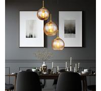Suspension salon suspension lampe de table à manger 3 flammes, boule de verre laiton ambre 3x E27, DxH 43x150 cm