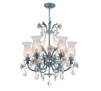 Suspension Shabby Chic Mini Chaner, 3 lumières, cristal bleu avec roses en résine et abat-jour en verre, plafonnier vintage style campagne française pour entrée, couloir, salle de bain, diamètre 40 cm