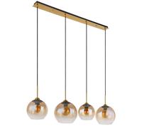 Suspension, suspension, lampe de table à manger, 4 flammes, boule de verre, ambre, lampe de salon, laiton, 1x E27, LxlxH 120x25x120 cm