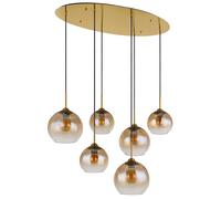 Suspension, suspension, lampe de table à manger, 6 flammes, boule de verre, ambre, lampe de salon, laiton, 1x E27, LxlxH 97,5x40x150 cm