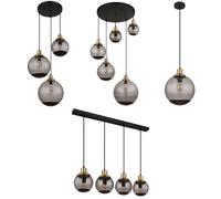 Suspension Table à manger verre fumé Lampe de salle à manger suspendue Suspension industrielle noire, boules en laiton, douilles E27