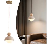 Suspension Travertin 1 Sphère pour îlot de cuisine, lampe suspendue pierre naturelle wabi sabi avec cache en bois et verre au lait, petit lustre pour salle à manger entrée chambre chevet salon couloir