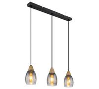 Suspension verre Suspension verre verre fumé, 3 flammes bois naturel verre fumé métal noir, 3x douilles E27, LxPxH 55x10x120cm
