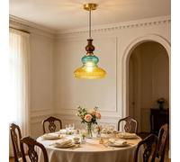 Suspension Vintage Pour Table À Manger En Verre | Lampe Suspendue Réglable En Hauteur E27 Rétro Pour Table À Manger Lampe En Bois Massif Et Laiton Pour Salon, Salle À Manger, Cuisine,Modell c,23CM