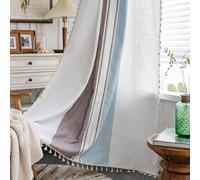 Sutuo Home Rideaux bohème Semi-occultants en Lin pour Chambre à Coucher et Salon, Style Ferme, Rideaux brodés avec Passe-Tringle, 1 Panneau de 132,1 x 213,4 cm (l x L), Lin rayé Marron et Bleu