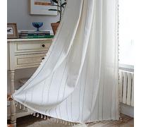 Sutuo Home Rideaux bohèmes pour Chambre à Coucher et Salon - Semi-occultants - Rustique - Broderie en Lin - Style Vintage Chic - Pompons Creux - 1 Panneau - 132,1 cm de Large x 213,4 cm de Long -