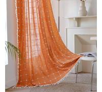 Sutuo Home Rideaux Boho à Carreaux pour Chambre, Semi-occultants en Lin Style Fermier à Pompons Traitement de Fenêtre Broderie Bohème pour Décoration d'Automne Halloween, Passe-tringle 1 Panneau 132,1