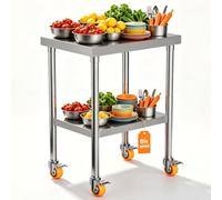 Suusolny Table de travail à double couche en acier inoxydable - 4 roues - Réglable en hauteur - Établi mobile - Chariot de barbecue - Jusqu'à 300 kg - Pour restaurant, école - L - 85 x 61 x 60 cm