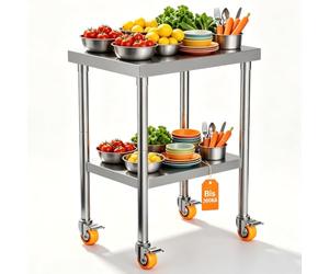 Suusolny Table de travail à double couche en acier inoxydable - 4 roues - Réglable en hauteur - Établi mobile - Chariot de barbecue - Jusqu'à 300 kg - Pour restaurant, école - L - 85 x 61 x 60 cm