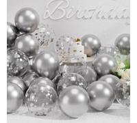Suwen Métallique Argenté Ballons et Confettis Ballons Lot de 47PCS 10 Pouce Latex Baudruche Hélium Chrome Argenté Métallisé Ballon Gonflable pour Décoration de Fête Anniversaire Mariage Diplômes
