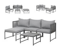 SVITA DETROIT Ensemble de meubles de jardin en polyrotin Salon modulable Canapé d'angle Chaise longue Table Flexible comme canapé 3 places ou fauteuil 2 places Coussins inclus Gris