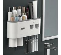 SVKCO Porte-brosses à dents, étagère de salle de bain, support mural sans perçage avec 2 distributeurs automatiques de dentifrice, 6 crochets pour brosse, 2 tasses magnétiques, 1 organisateur de
