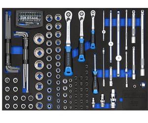 SW-Stahl Assortiment pour servante d'atelier, clés à douilles 1/4", 3/8", 1/2", avec cliquets, 144 pièces Z3011-14