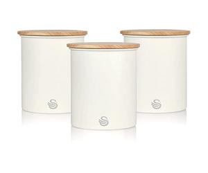 Swan Nordic Set de 3 Boîtes de Cuisine en Acier au Carbone, Robuste, Couvercle en Bambou, pour Thé, Café et Sucre, Design Moderne, Blanc