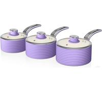 SWAN SWPS3020PURN Casserole Rétro Set 3 Casserole à manche 16 18 20cm Induction, Antiadhésif, Couvercle en verre Lila