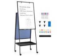 SWANCROWN Tableau Blanc Effaçable sur Pied 90 x 60 cm, Paper board | Double face, avec Plateau, Hauteur réglable, Magnetique, cadre en aluminium noir, Tableau blanc mobile pour Conférence, École