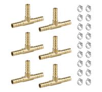 SWAWIS 6 Pièces 6mm Raccord Cannelé pour Tuyau 3 Voies | Forme en T Connecteur en Laiton pour Tuyau avce 18 Pinces pour Accordement des Tuyaux d'Eau, de Carburant et d'Air