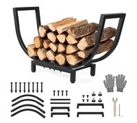 SWAWIS Range Buche Forme de U en Métal 62x20,5x36cm avec Gants | Porte-Bûches pour Rangement de Bois, Étagère à Bois de Cheminée pour Intérieur et Extérieur, Facile à Monter et à Transporter