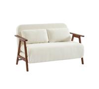 Banquette canapé convertible 2 places bois d'hévéa teinté noyer clair et bouclette texturée blanche L 133 x P 81 x 84cm - Sven