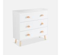 Commode Enfant, Décor Bois, 3 Tiroirs, Pieds Et Poignées Nuage En Pin Blanc TU