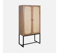 swe uffet rétro décor Bois foncé et cannage 2 Portes avec Pieds en métal Noir H165cm