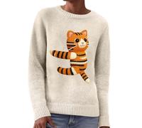 Sweat-shirt à col rond et à manches longues avec motifs d'animaux amusants - Pull décontracté Kawaii - Sans capuche - Confortable et chaud - Pull de travail baggy, O beige., S