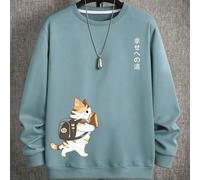Sweat-shirt-shirt à col rond avec imprimé chat et mots japonais pour hommes, automne/hiver, Top à manches longues L,M,S,XL,XXLAnimalÉtoffe