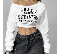Sweat-shirt-shirt asymétrique à col simple pour usage quotidien avec imprimés de lettres, hauts à manches longues pour la remise des diplômes, la rentrée scolaire, la remise des diplômes, les enseigna