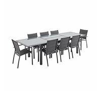 swe lice's Garden - Table de Jardin Extensible Aluminium + 8 assises Gris Anthracite - Table en Aluminium 200/300cm. Plateau de Verre. rallonge et 8 fauteuils en textilène