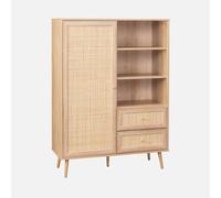 swe uffet de Rangement cannage et décor Bois. Buffet Haut. vaisselier. 1 Porte. 2 tiroirs. 6 étagères