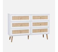 swe ommode décor Bois et cannage 6 tiroirs Bohème. Blanc - 120x39x79cm