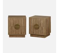 sweeek - Lot de 2 Tables de Chevet 2 tiroirs décor Bois de manguier rainuré. poignées en métal doré. L42 x P38 x H50cm
