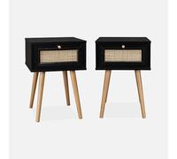 sweeek - Lot de 2 Tables de Chevet décor Bois Noir et cannage avec 1 tiroir