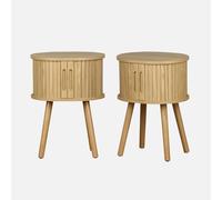 sweeek - Lot de 2 Tables de Chevet Ovale 2 Portes coulissantes poignées creusées. Effet Bois rainuré. L40 x l34 x H54.8cm