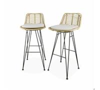 sweeek Lot de 2 tabourets de bar 75cm métal et rotin assise beige - Cahya CAHYA