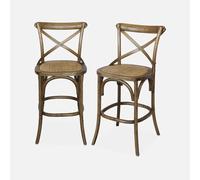 sweeek - Lot de 2 tabourets de Bar bistrot Vintage en Bois Marron Vieilli avec Repose-Pieds
