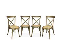 sweeek Lot de 4 chaises de bistrot en bois d'hévéa marron vieilli vintage assise en rotin empilables BELLEVILLE