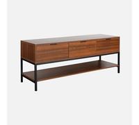 sweeek - Meuble TV décor Noyer L130cm avec piètement et poignées en métal Noir - 3 tiroirs et 1 étagère inférieure